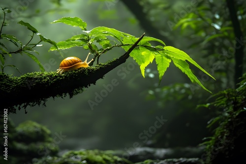 Snail on Mossy Branch in Lush Rainforest