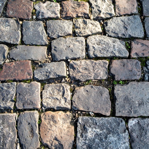 Close-up view of a textured cobblestone pavement  showcasing a variety of muted gray and brown stones  with small patches of green moss and dirt between the paving stones.