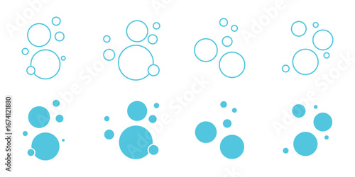 Soap bubbles icon. Foam bubble symbol. Sparkling water vector illustration. Fizzy soda drops sign. Oxygen sphere pictogram. Clean wash suds concept. Blue blowing bubbles icon set.