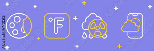 Set line Weather forecast app, Acid rain radioactive cloud, Fahrenheit and Moon phases icon. Vector