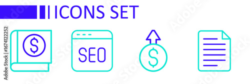 Set line File document, Financial growth dollar, SEO optimization and book icon. Vector