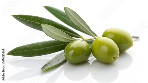 Wallpaper Mural Fresh green olives with leaves on white background Torontodigital.ca