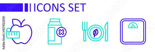 Set line Bathroom scales, Vegan food diet, Lactose intolerance and Apple and measuring tape icon. Vector