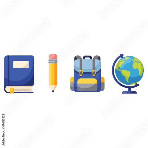Backpack, book, pencil, and globe; essential school supplies.