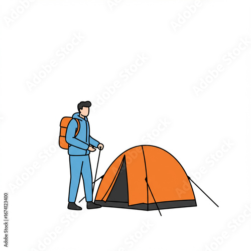 A minimalist illustration of a male hiker with a backpack and trekking poles standing next to an orange dome tent.
