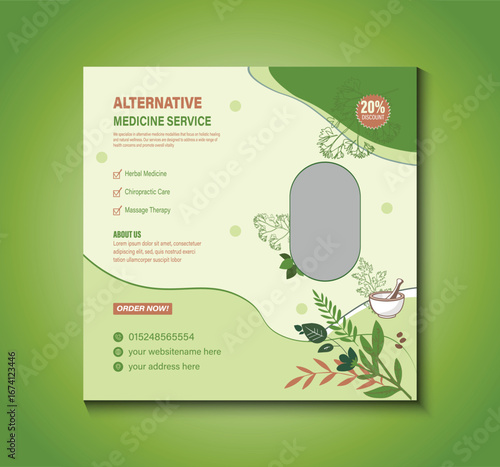 Modern social media post template for alternative medicine services, designed to promote holistic wellness, natural therapies, herbal treatments, acupuncture, and health care campaigns.
