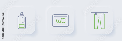 Set line Drying clothes, Toilet and Bottle for detergent icon. Vector