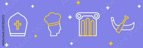 Set line Gondola boat, Ancient column, Italian cook and Pope hat icon. Vector