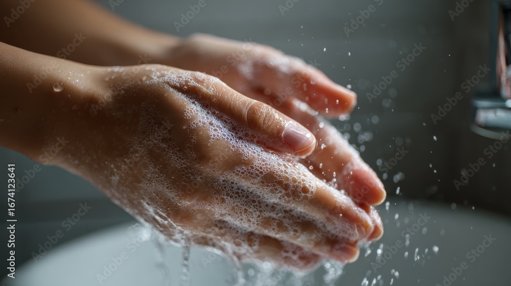Fototapeta premium young woman washing cleansing soapy hands in bathroom to prevent coronavirus infection cleaning skin care in foamrubbing hands rinsing with running water covid 19 protection concept close up view no 