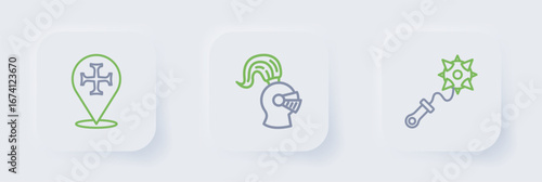 Set line Mace with spikes, Medieval helmet and Crusade icon. Vector