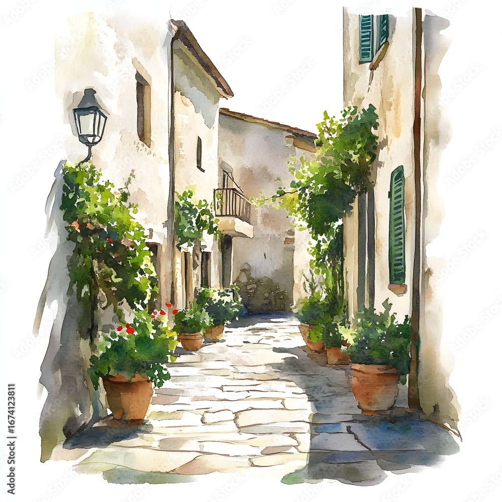 Naklejka premium The watercolor illustration depicts a narrow, sunlit alleyway with stone pavement, terracotta pots overflowing with flowers, and aged buildings with green shutters.