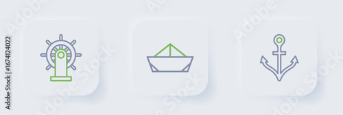 Set line Anchor, Folded paper boat and Ship steering wheel icon. Vector