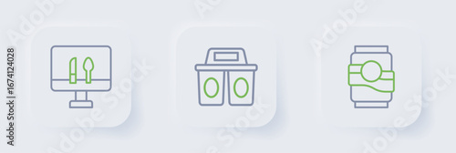 Set line Soda can, Coffee cup to go and Online ordering food icon. Vector