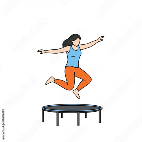 A woman in activewear jumping high on a circular trampoline, arms outstretched.
