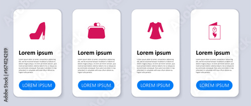 Set Greeting card with 8 March, Woman dress, Handbag and shoe. Business infographic template. Vector