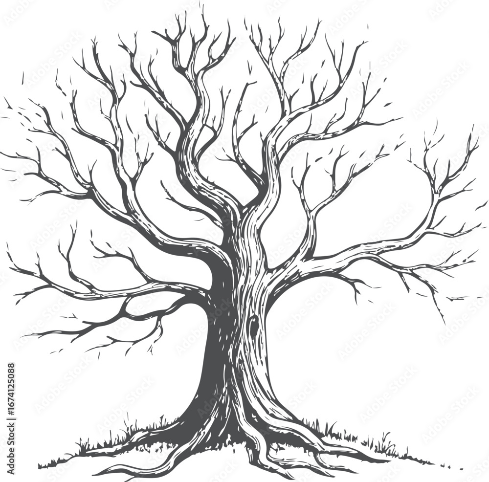 Naklejka premium Leafless Tree vector with Transparent Background Featuring Bold Branches and Textured Trunk for Halloween, Nature, or Decorative Design Assets