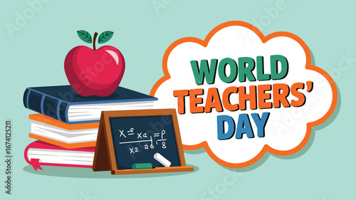Vector art of world teachers day concept with stack of books, apple, and chalkboard with mathematical formula, celebrating educators and their impact