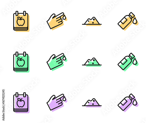 Set line Salt, Diet plan, Finger blood and Bottle of water icon. Vector
