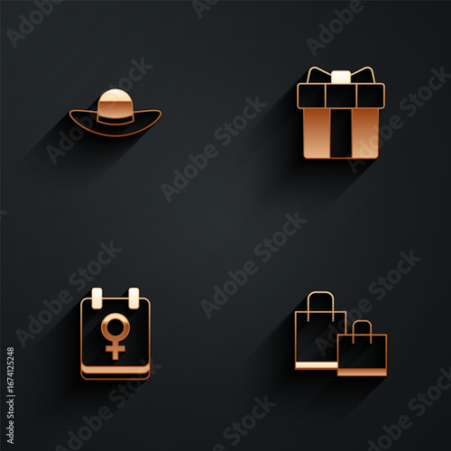 Set Elegant women hat, Gift box and heart, Calendar with 8 March and Paper shopping bag icon with long shadow. Vector