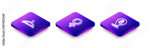 Set Isometric line Hanger wardrobe, Female gender symbol and 8 March icon. Vector