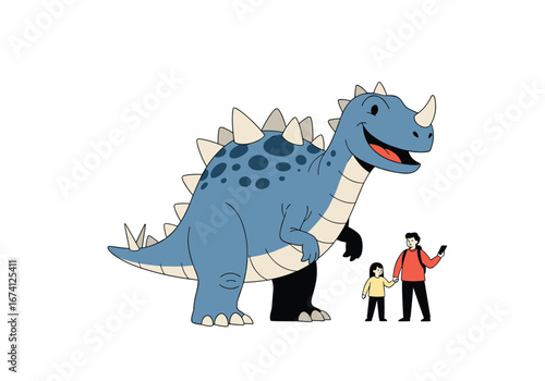 Giant blue dinosaur roaming through a prehistoric landscape meeting small humans discovering ancient creatures together