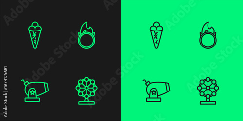 Set line Ferris wheel, Cannon, Ice cream in waffle and Circus fire hoop icon. Vector