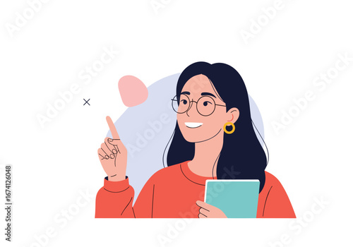 Creative woman holding a book and pointing up engaging in thoughtful discussion about learning
