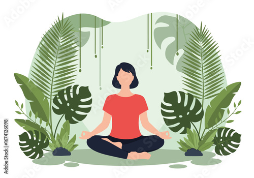 Calm woman meditating in a lush green tropical jungle surrounded by large leafy plants and vines