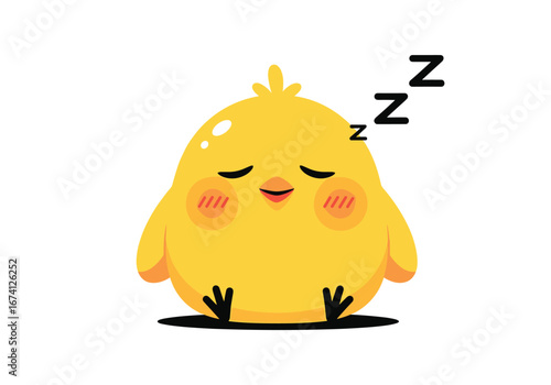 Adorable sleepy yellow chick character resting peacefully with cute blushing cheeks and zzzs overhead illustration