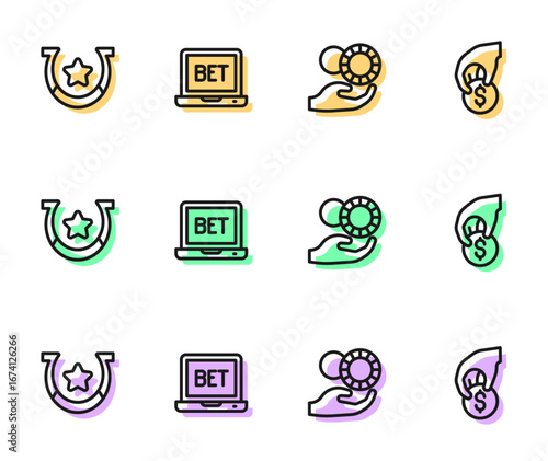 Set line Hand holding casino chips, Horseshoe, Online sports betting and icon. Vector