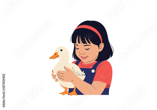 A young girl gently holds a fluffy white duckling while smiling outdoors on a sunny day learning about nature and farm animals