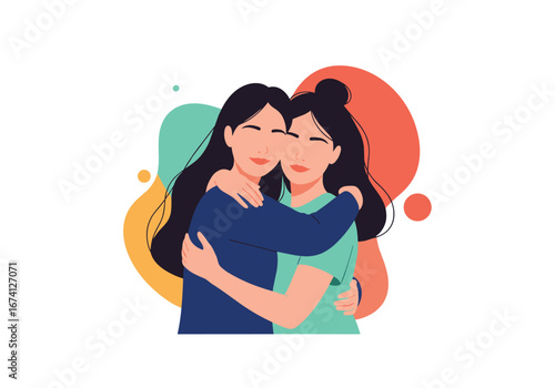 Two young women embrace warmly showing their friendship and affection with abstract shapes in the background