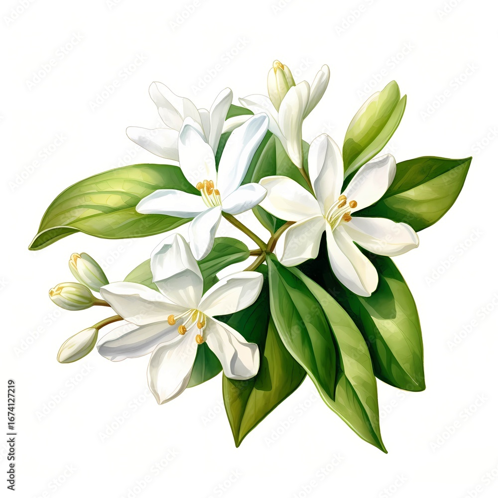 Fototapeta premium The illustration shows a cluster of pristine white flowers with vibrant green leaves, exhibiting intricate details and textures.