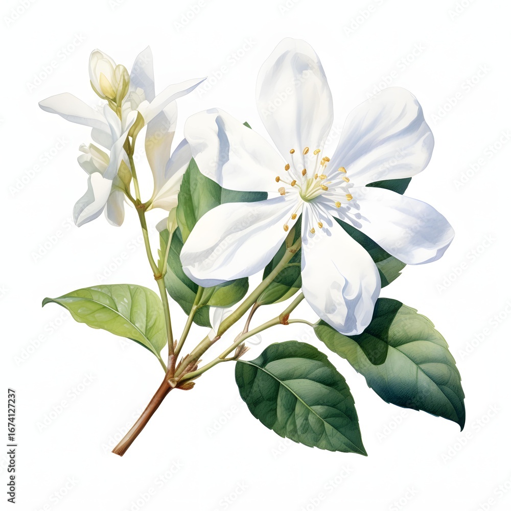 Fototapeta premium The illustration shows a detailed watercolor painting of a flowering branch, featuring several white blossoms and lush green leaves against a clean white background.