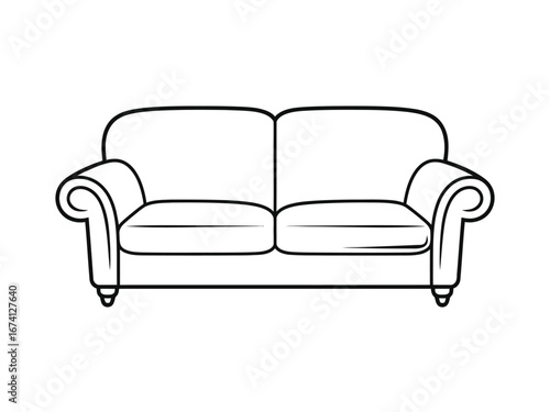 Simple black and white line drawing of a comfortable two-seater sofa for vector graphics and eps files white background
