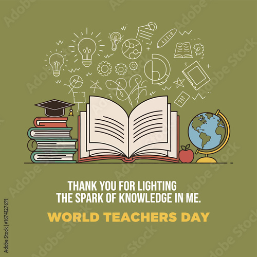 Vector art of world teachers day tribute with stack of books, open book, graduation cap, globe, and inspirational quote