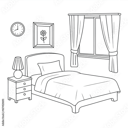 Scalable vector line drawing of a bedroom scene with bed nightstand clock and window white background