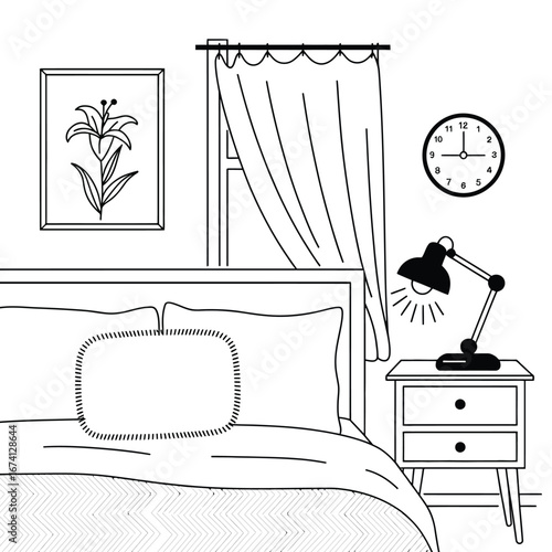 Minimalist black and white line drawing of a cozy bedroom scene with bed curtains and nightstand white background