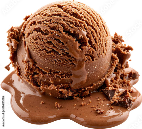 Rich chocolate ice cream scoop melting with chocolate shavings and sauce