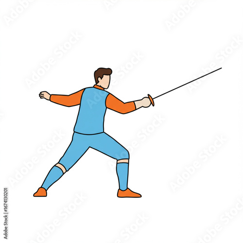 A stylized illustration of a fencer in a blue uniform, poised with a foil in hand, ready to strike.