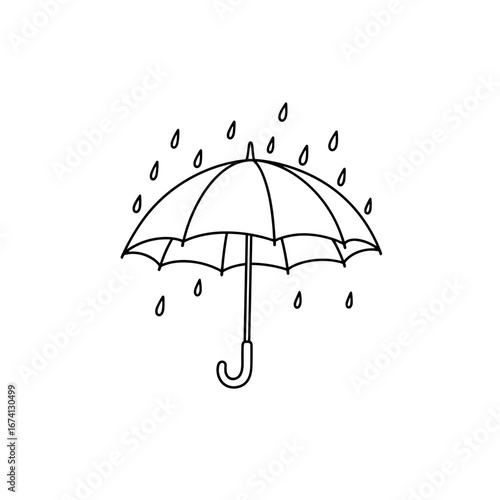 Umbrella with raindrops illustrated in minimalistic line art style on isolated background
