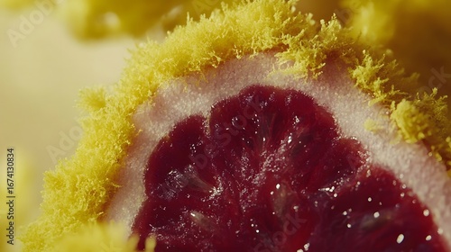 Closeup Macro Photo of Red Citrus Fruit with Yellow Fuzz