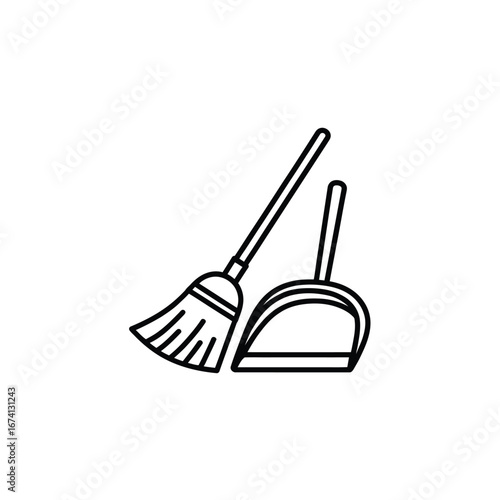 Simple line art illustration of a broom and dustpan vector graphic for cleaning and tidiness white background