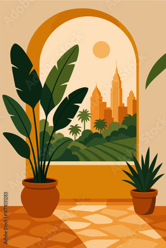flat illustration poster middle east sand desert palm tree orange window art paint procreate cactus sky tower bench chair sun