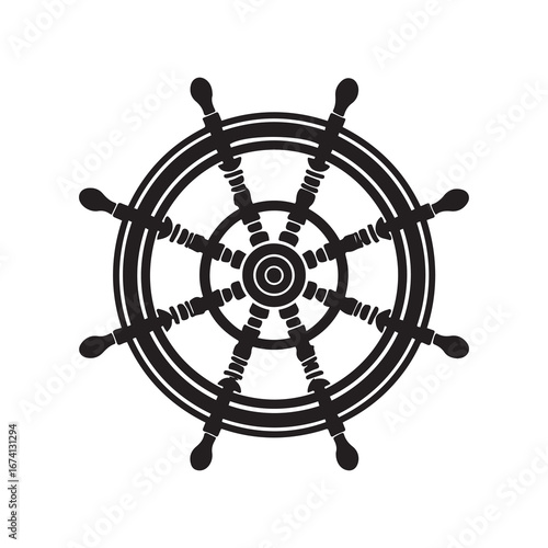 Black and White Silhouette of a Ship's Steering Wheel Isolated on White