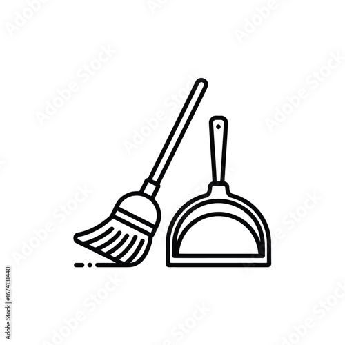 Simple line art illustration of broom and dustpan vector graphic for cleaning concepts white background