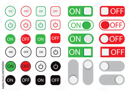 on and off toggle switch button icon set UI/UX design ideal for apps, website, electronics and power related interfaces and vector illustrations