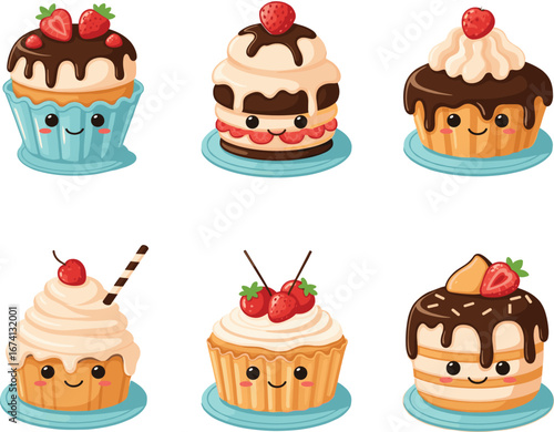 Cartoon cupcakes and cakes, smiling desserts, chocolate drizzle, strawberry topping, whipped cream, cheerful bakery icons, sweet snack characters, playful food