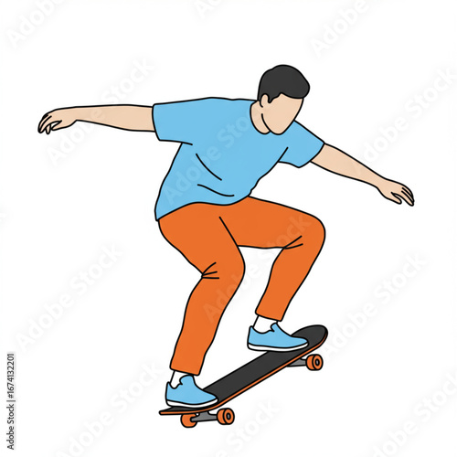 An illustration of a young man in a blue shirt and orange pants actively skateboarding, balancing on his board.