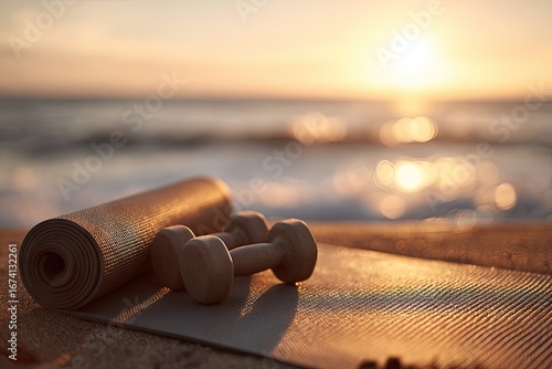 Fitness mat and dumbbells on beach at sunrise